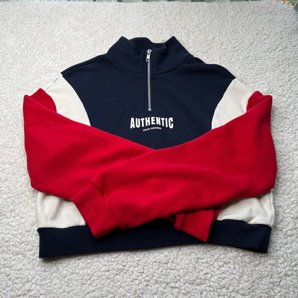 Dividend Blue Red Long Sleeve Crop Sweatshirt XS